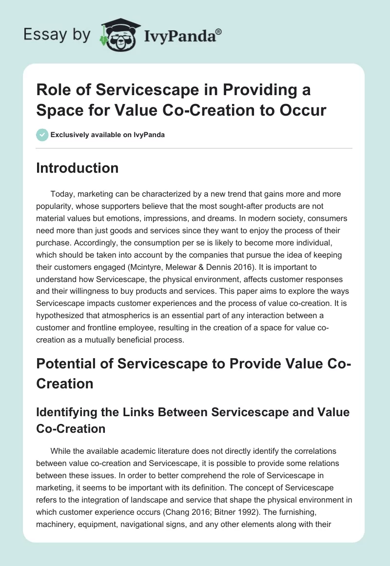 Role of Servicescape in Providing a Space for Value Co-Creation to Occur. Page 1