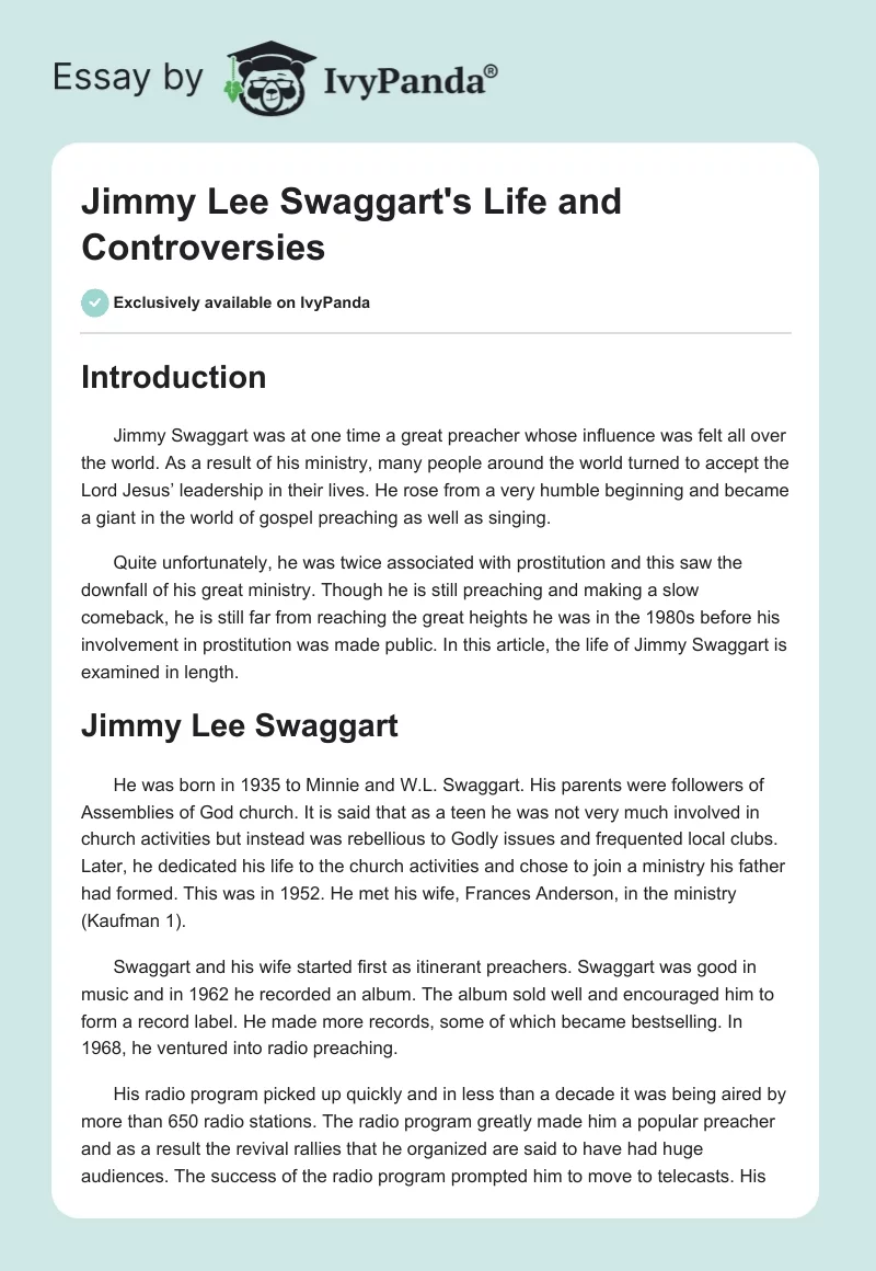 Jimmy Lee Swaggart's Life and Controversies. Page 1