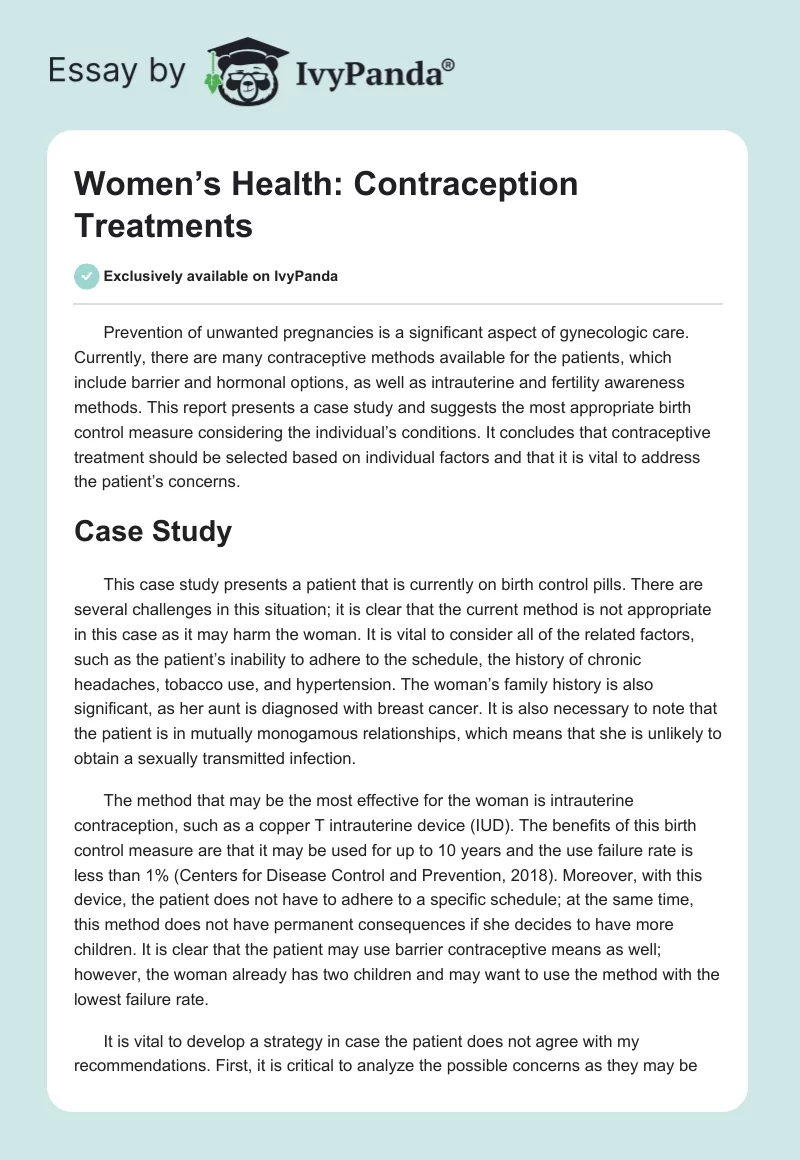 Women’s Health: Contraception Treatments. Page 1