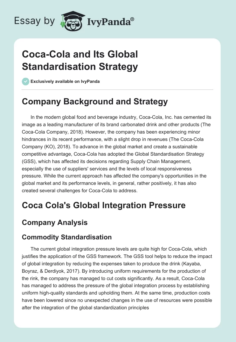 Coca-Cola and Its Global Standardisation Strategy. Page 1
