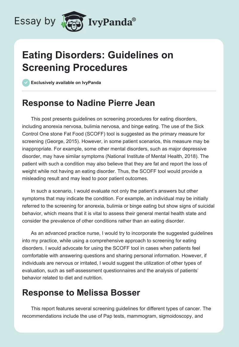 Eating Disorders: Guidelines on Screening Procedures. Page 1