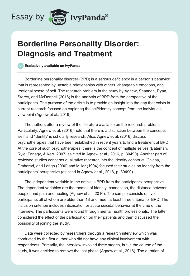 Borderline Personality Disorder: Diagnosis and Treatment. Page 1