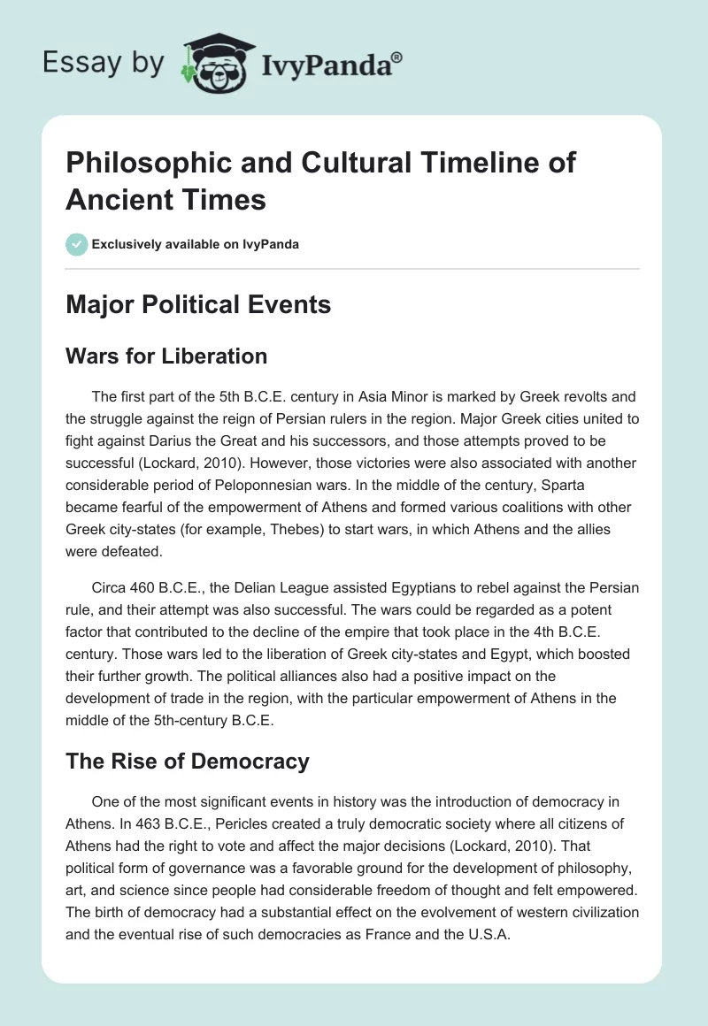 Philosophic and Cultural Timeline of Ancient Times. Page 1