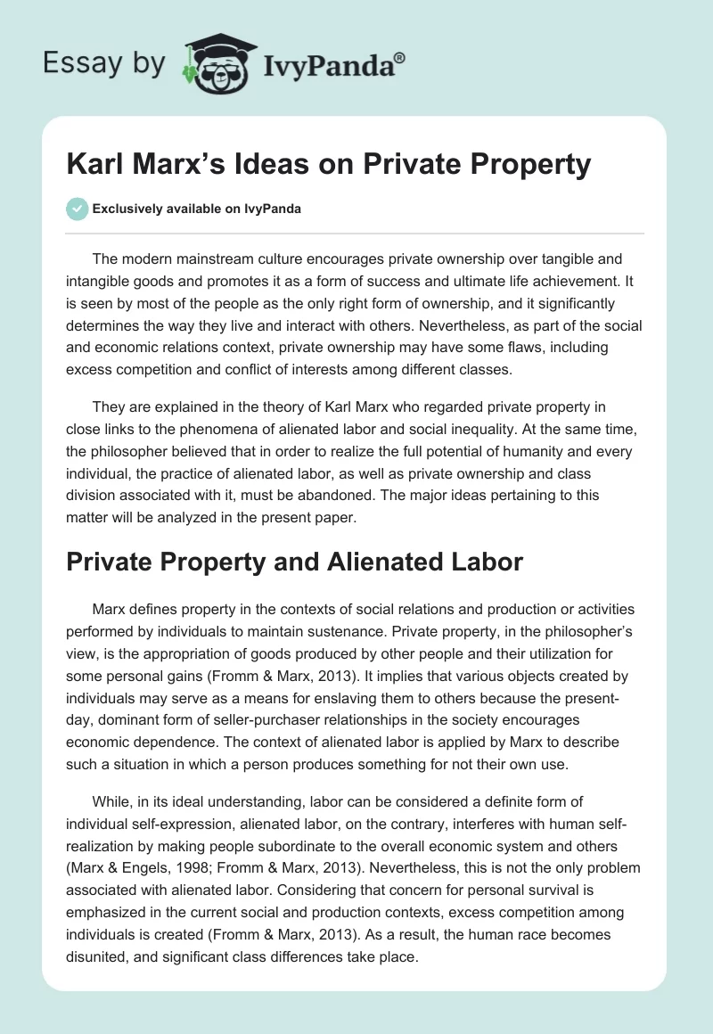 Karl Marx’s Ideas on Private Property. Page 1