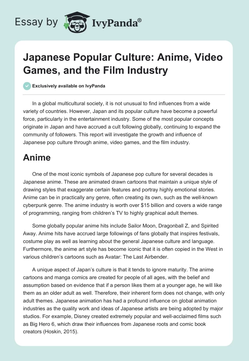 Japanese Popular Culture: Anime, Video Games, and the Film Industry. Page 1
