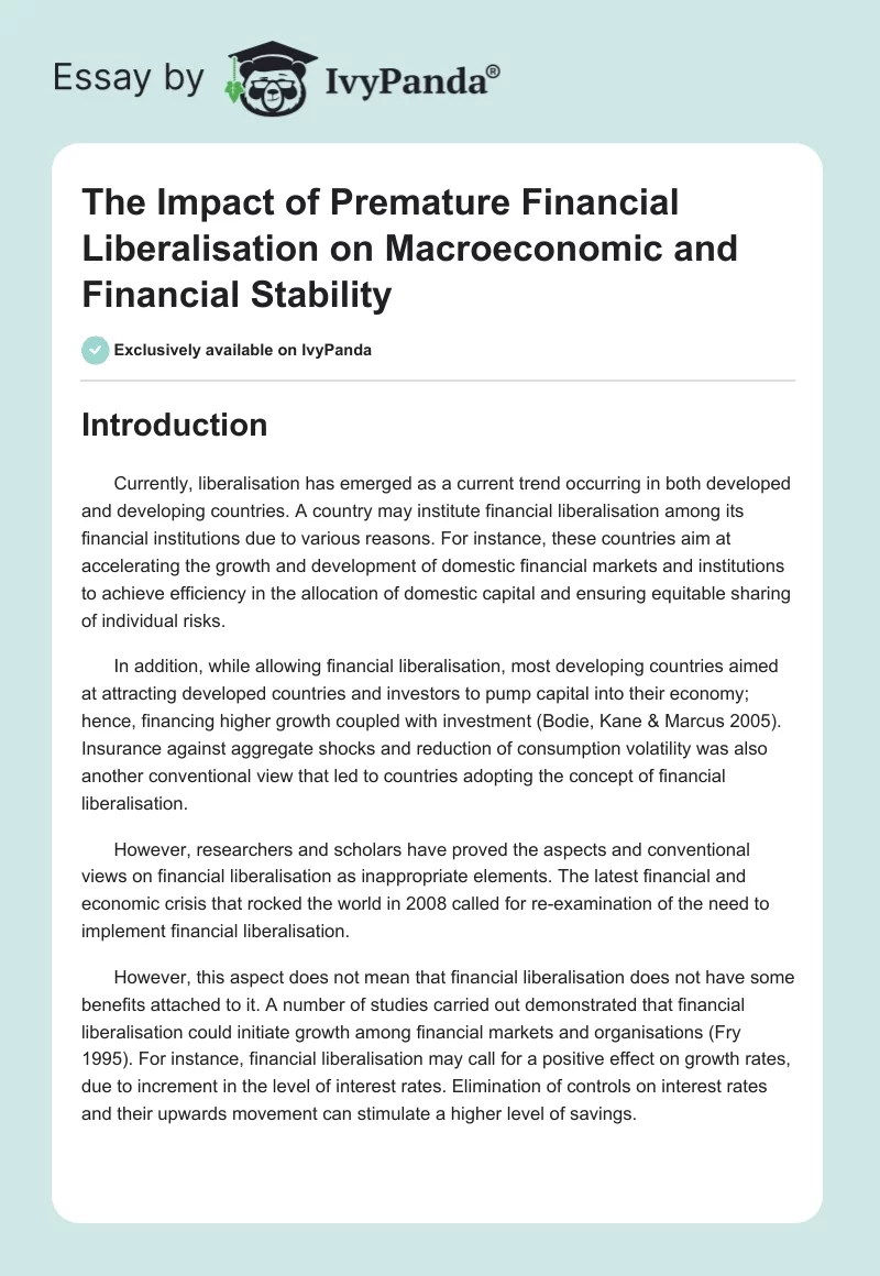 The Impact of Premature Financial Liberalisation on Macroeconomic and Financial Stability. Page 1