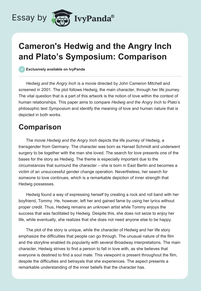Cameron's "Hedwig and the Angry Inch" and Plato’s "Symposium": Comparison. Page 1