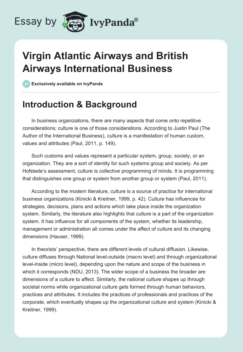 Virgin Atlantic Airways and British Airways International Business. Page 1