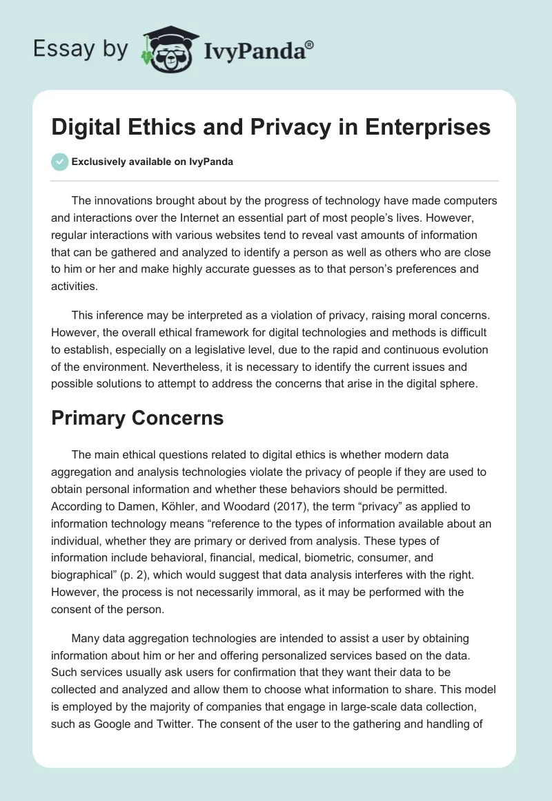 Digital Ethics and Privacy in Enterprises. Page 1
