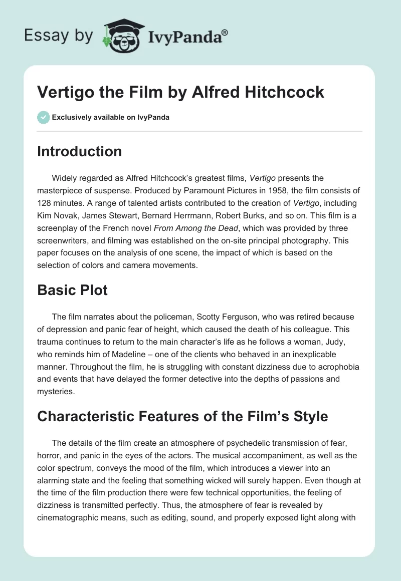 "Vertigo" the Film by Alfred Hitchcock. Page 1