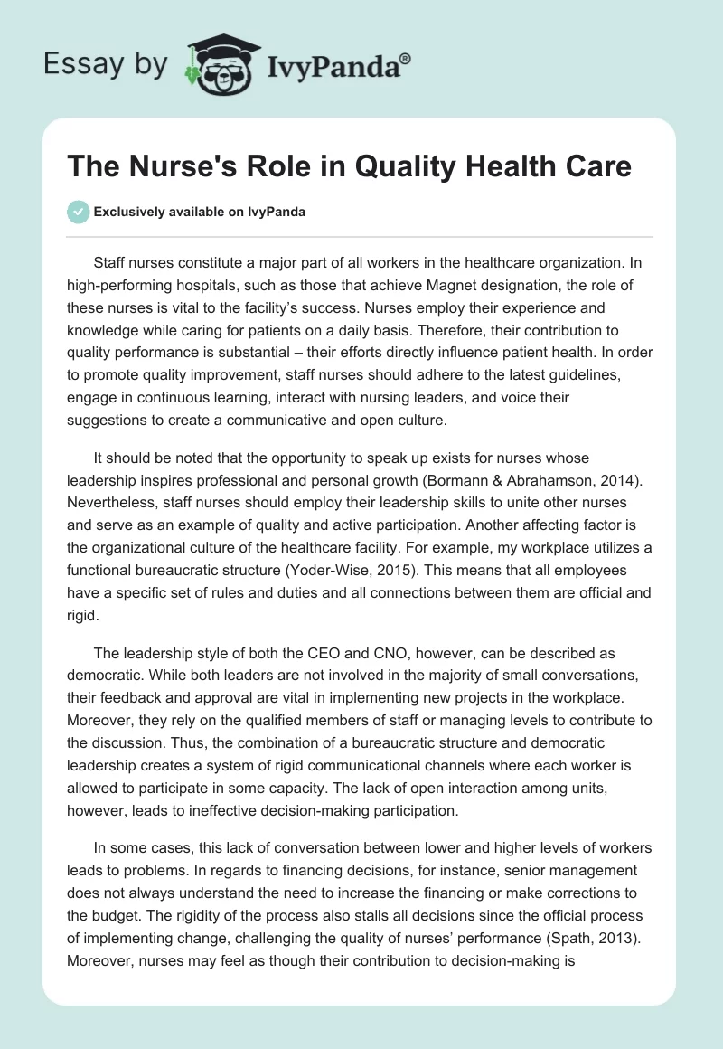 The Nurse's Role in Quality Health Care. Page 1
