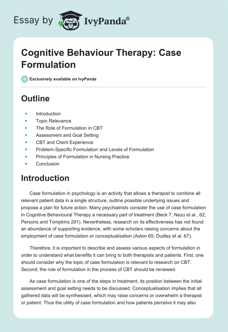Cognitive Behaviour Therapy: Case Formulation. Page 1