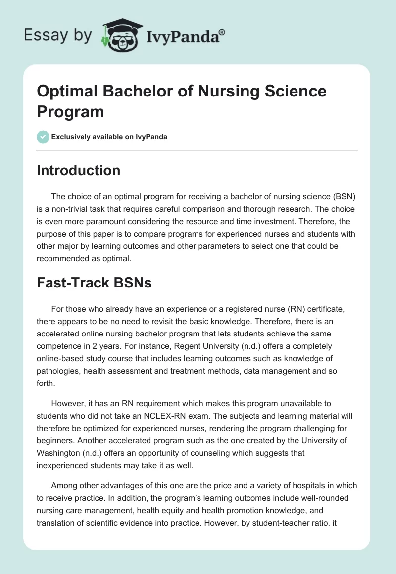 Optimal Bachelor of Nursing Science Program. Page 1