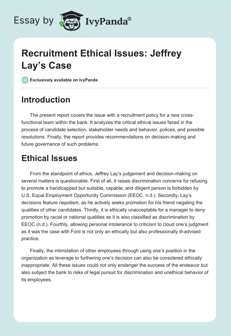 Recruitment Ethical Issues: Jeffrey Lay’s Case. Page 1