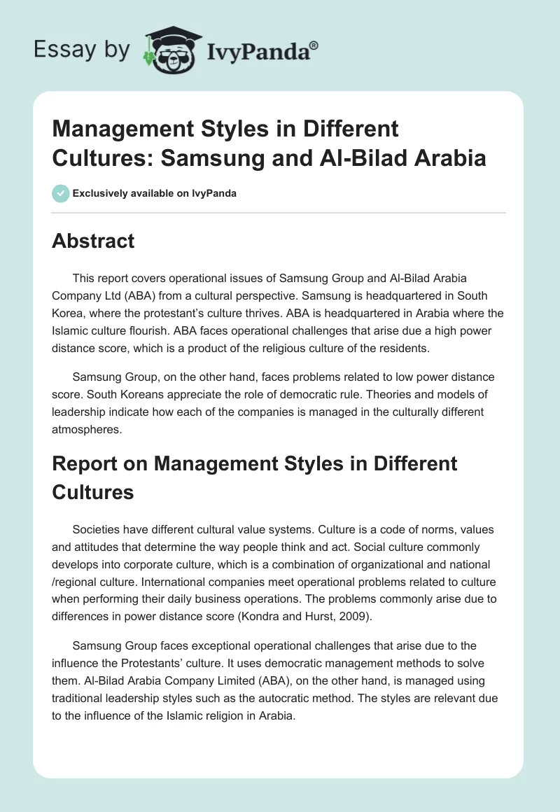 Management Styles in Different Cultures: Samsung and Al-Bilad Arabia. Page 1
