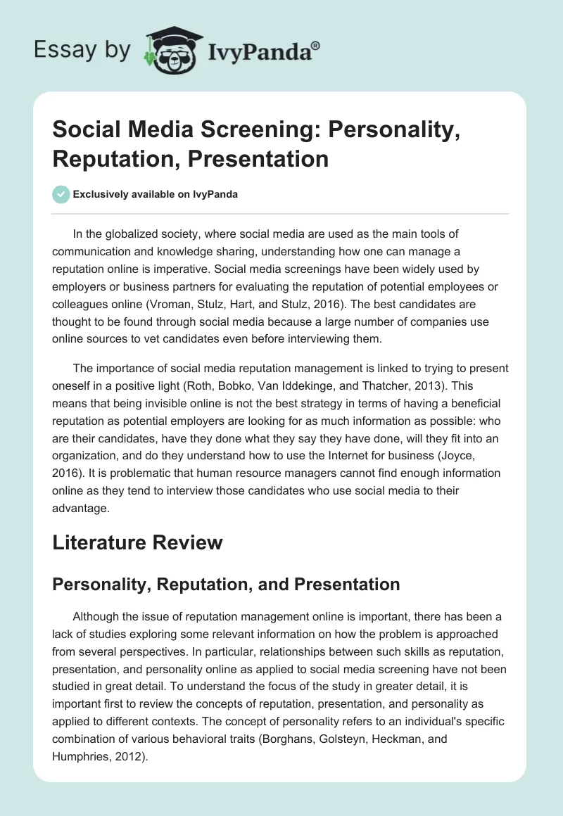 Social Media Screening: Personality, Reputation, Presentation. Page 1