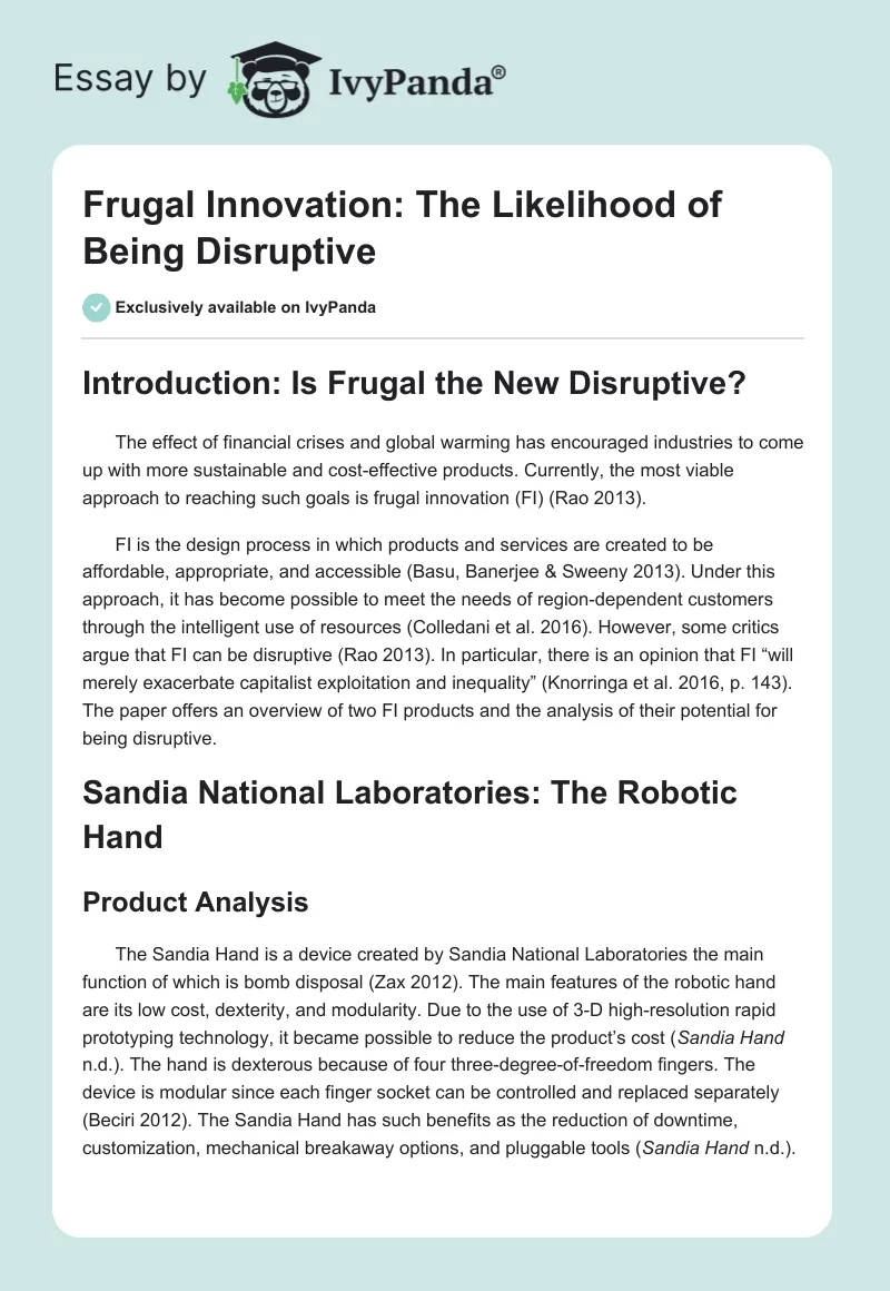 Frugal Innovation: The Likelihood of Being Disruptive. Page 1