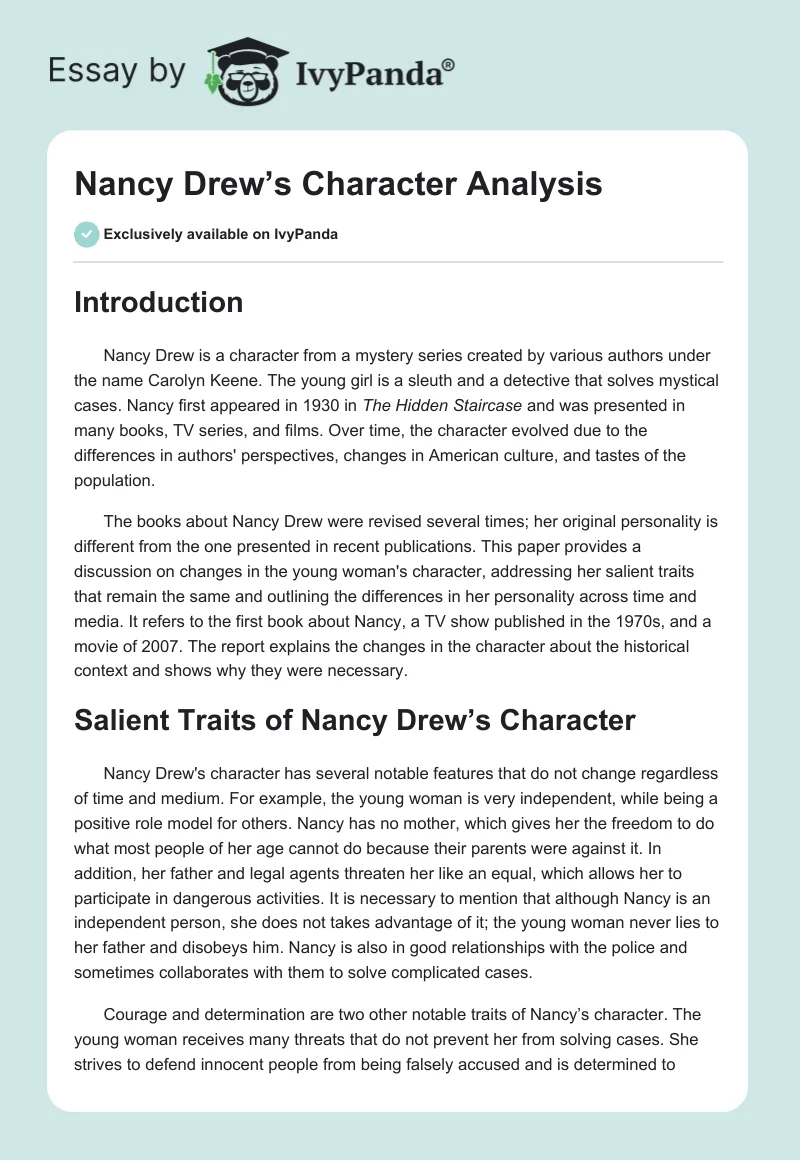 Nancy Drew’s Character Analysis. Page 1