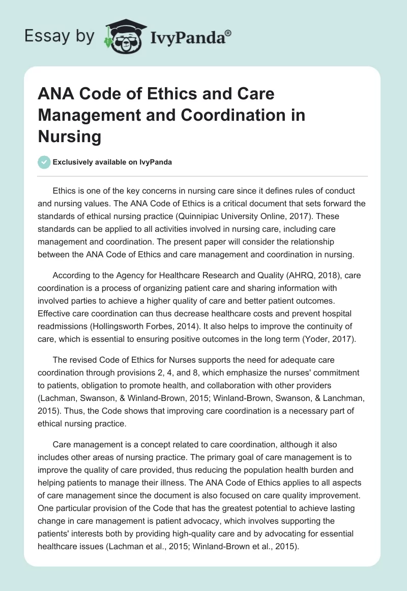 ANA Code of Ethics and Care Management and Coordination in Nursing. Page 1