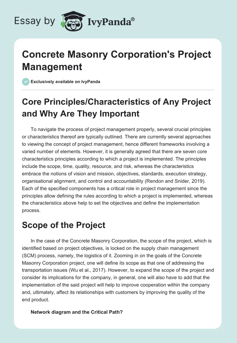 Concrete Masonry Corporation's Project Management. Page 1