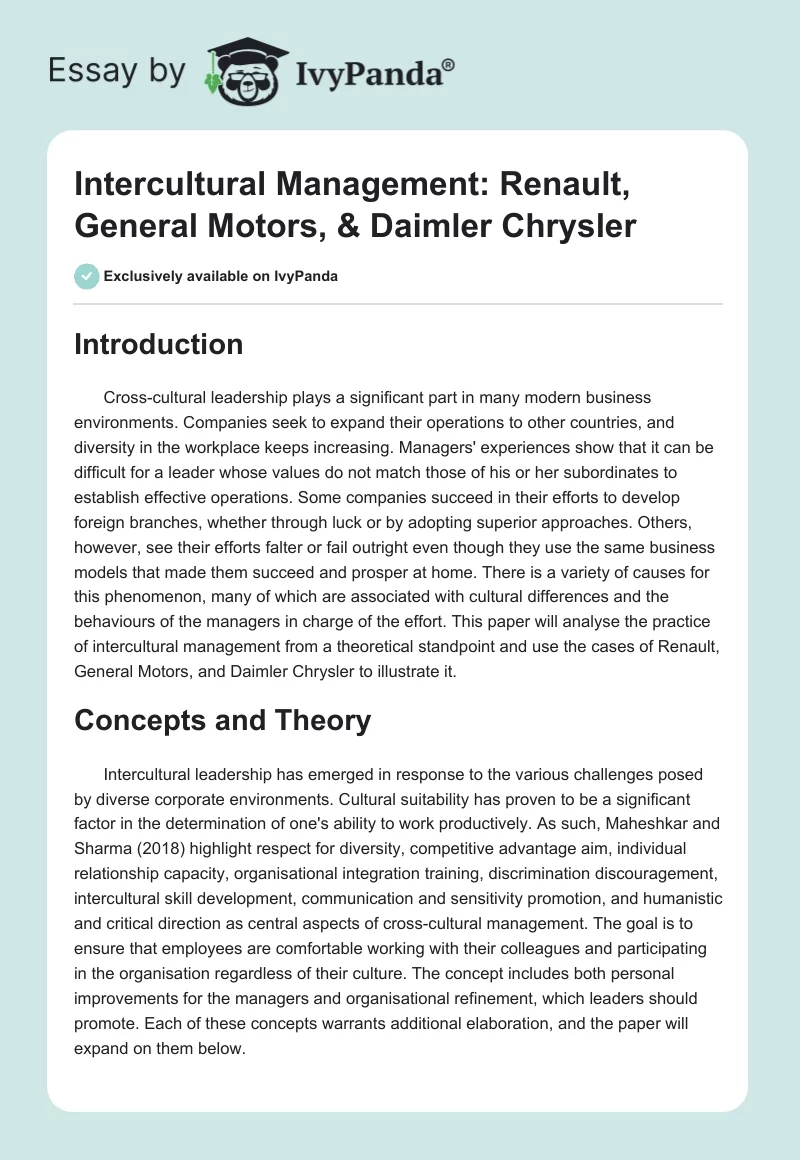 Intercultural Management: Renault, General Motors, & Daimler Chrysler. Page 1