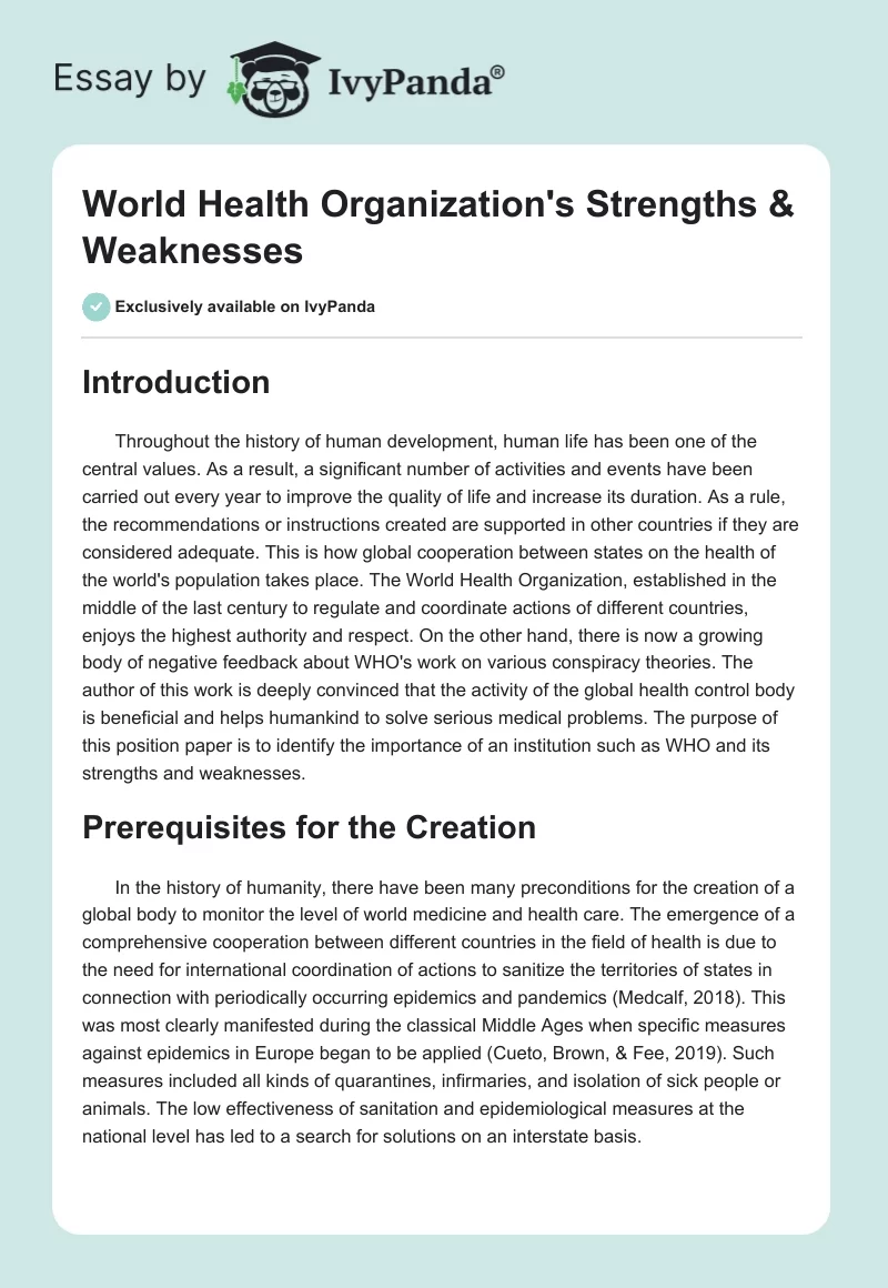 World Health Organization's Strengths & Weaknesses. Page 1