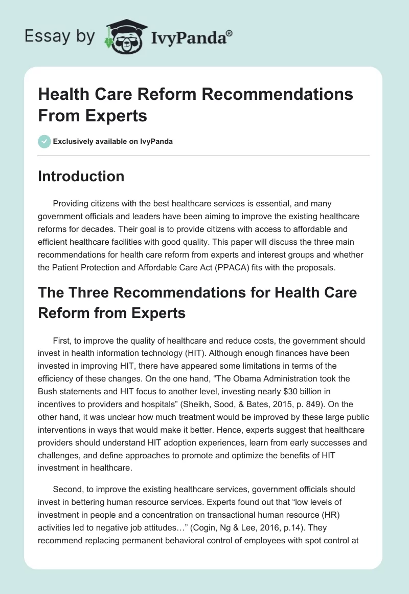 Health Care Reform Recommendations From Experts. Page 1