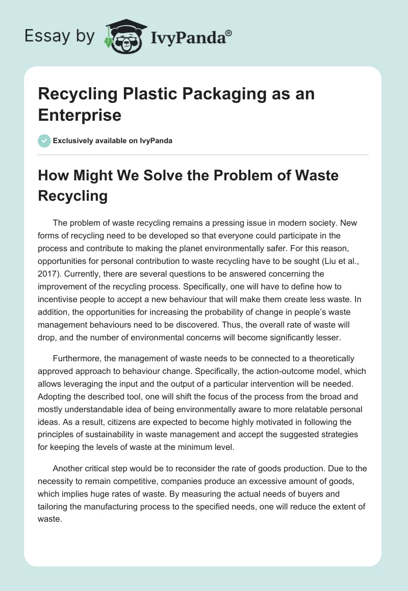 Recycling Plastic Packaging as an Enterprise. Page 1