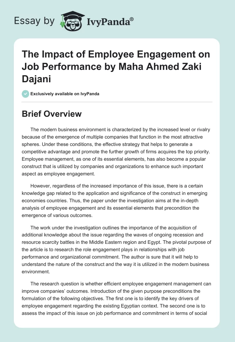 "The Impact of Employee Engagement on Job Performance" by Maha Ahmed Zaki Dajani. Page 1