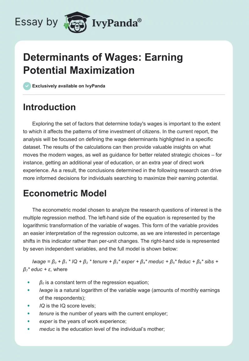 Determinants of Wages: Earning Potential Maximization. Page 1