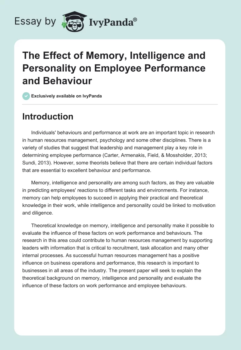 The Effect of Memory, Intelligence and Personality on Employee Performance and Behaviour. Page 1
