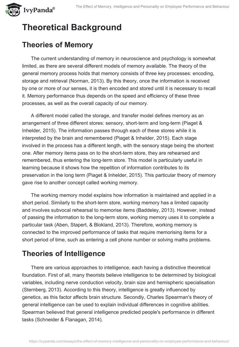 The Effect of Memory, Intelligence and Personality on Employee Performance and Behaviour. Page 2