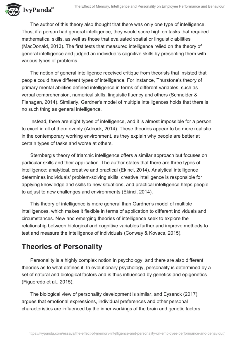 The Effect of Memory, Intelligence and Personality on Employee Performance and Behaviour. Page 3