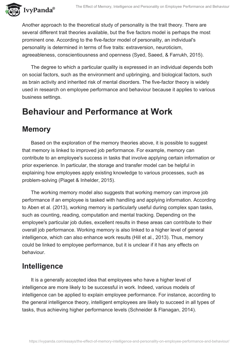 The Effect of Memory, Intelligence and Personality on Employee Performance and Behaviour. Page 4