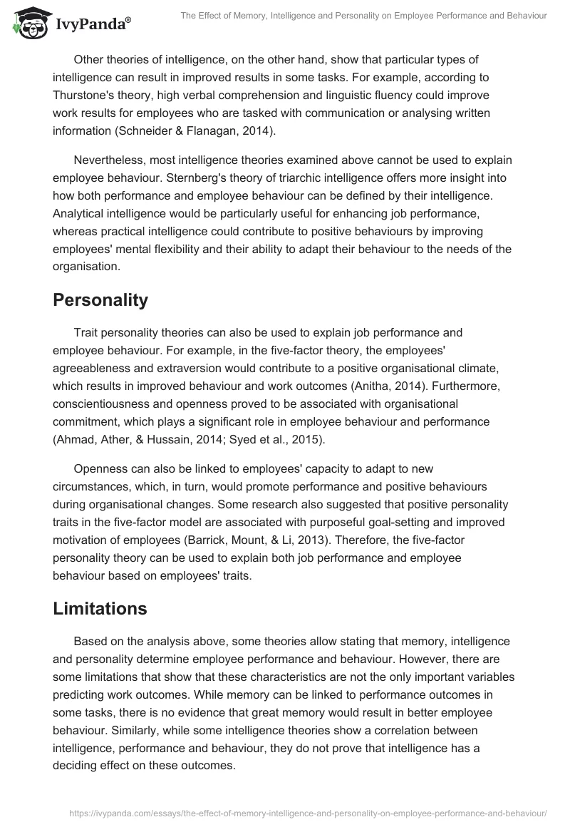 The Effect of Memory, Intelligence and Personality on Employee Performance and Behaviour. Page 5