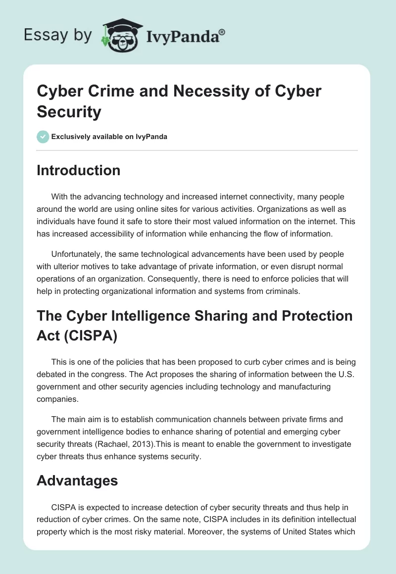 Cyber Crime and Necessity of Cyber Security. Page 1
