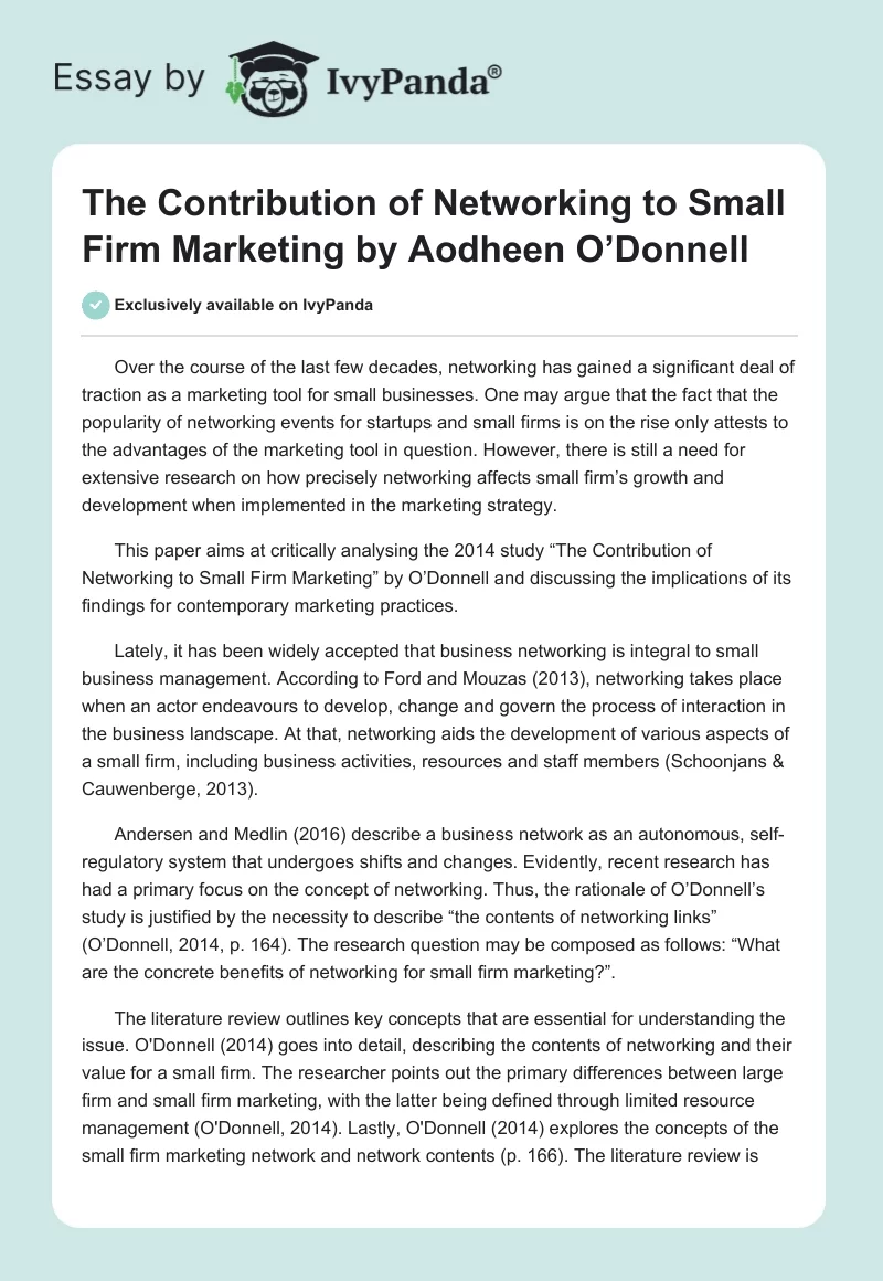 "The Contribution of Networking to Small Firm Marketing" by Aodheen O’Donnell. Page 1