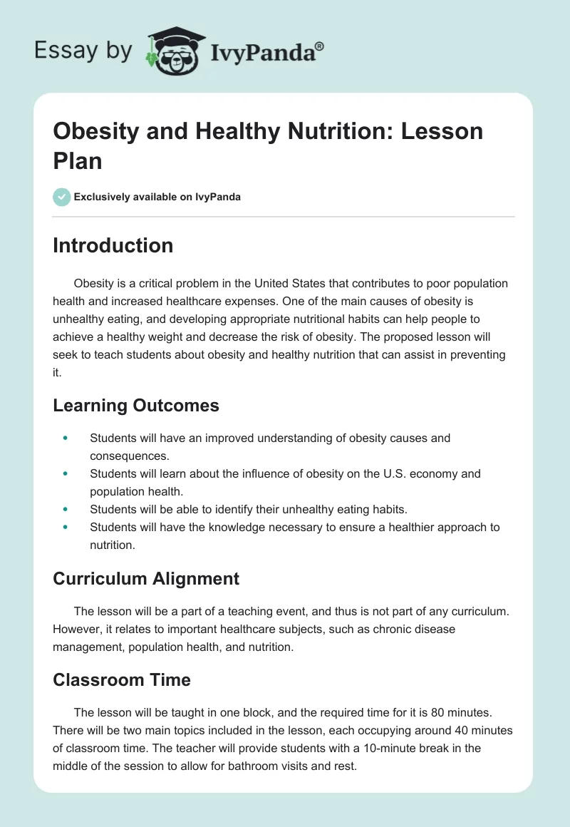 Obesity and Healthy Nutrition: Lesson Plan. Page 1