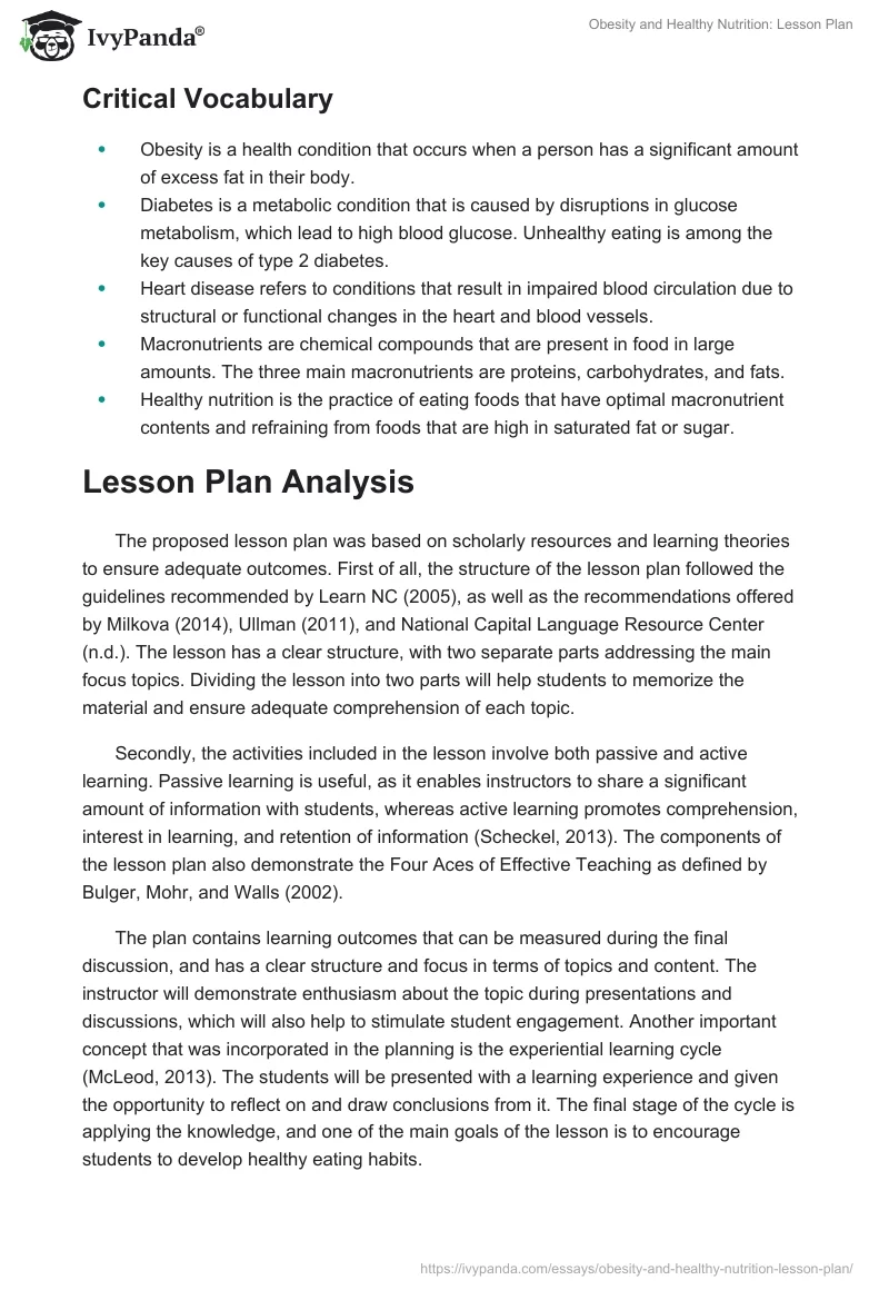 Obesity and Healthy Nutrition: Lesson Plan. Page 3