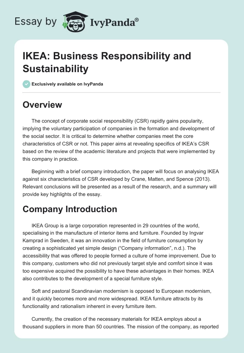IKEA: Business Responsibility and Sustainability. Page 1
