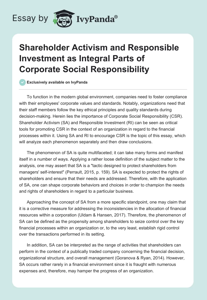 Shareholder Activism and Responsible Investment as Integral Parts of Corporate Social Responsibility. Page 1