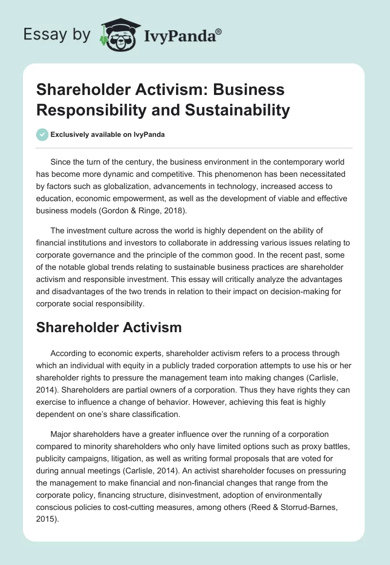 Shareholder Activism: Business Responsibility and Sustainability. Page 1
