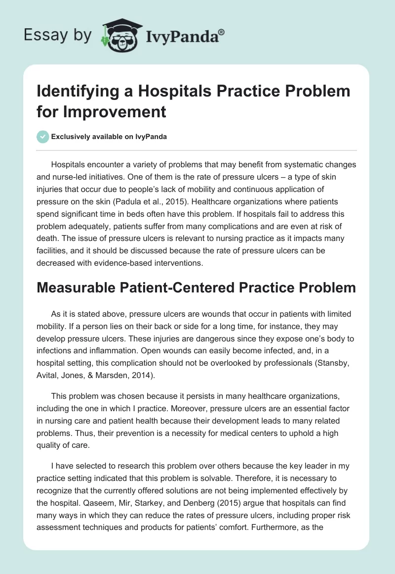 Identifying a Hospitals Practice Problem for Improvement. Page 1