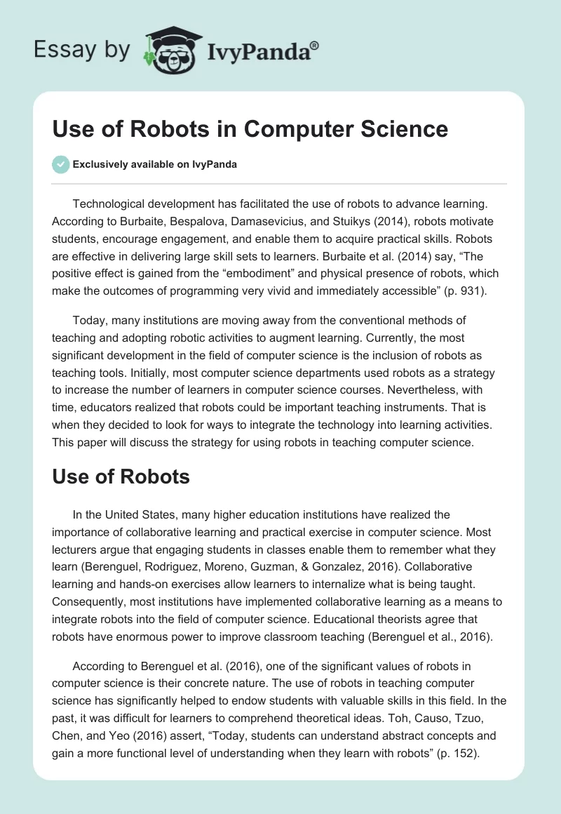 Use of Robots in Computer Science. Page 1