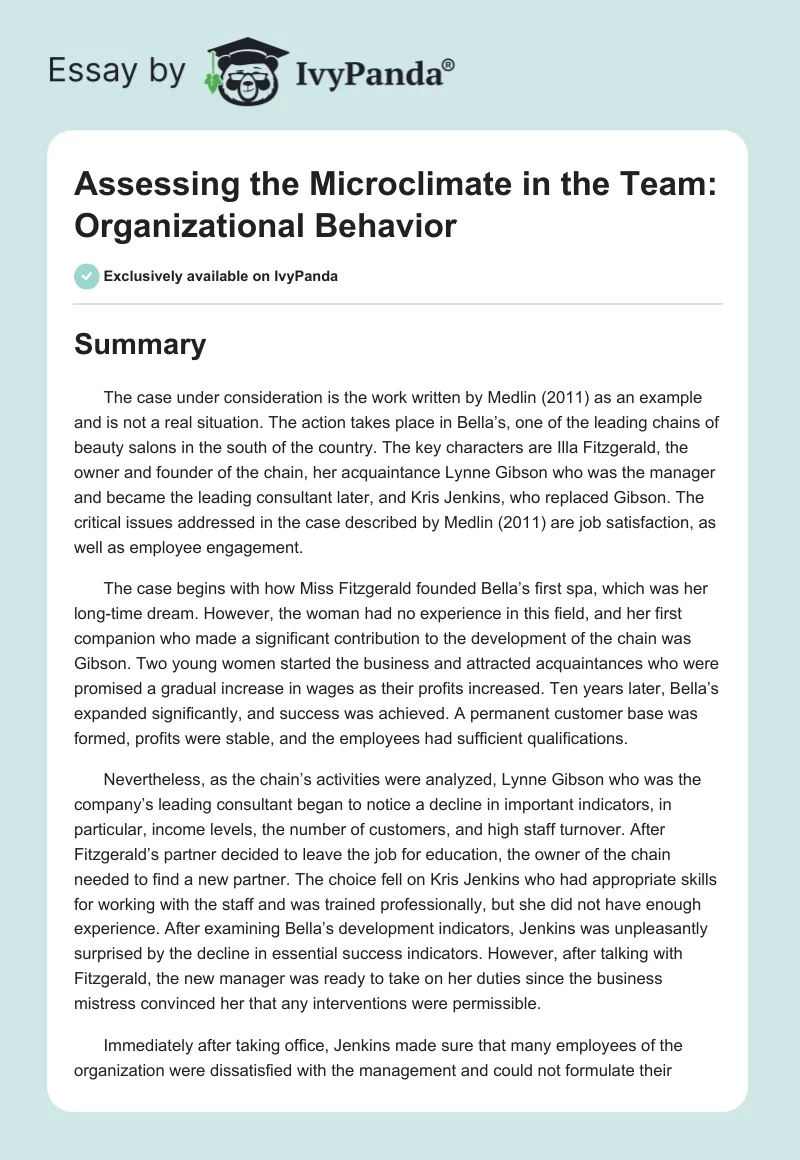 Assessing the Microclimate in the Team: Organizational Behavior. Page 1