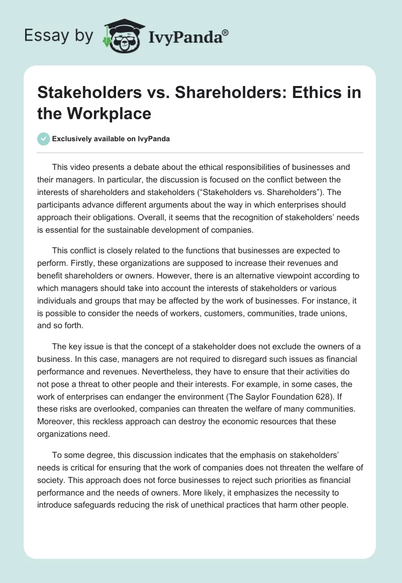 Stakeholders vs. Shareholders: Ethics in the Workplace. Page 1