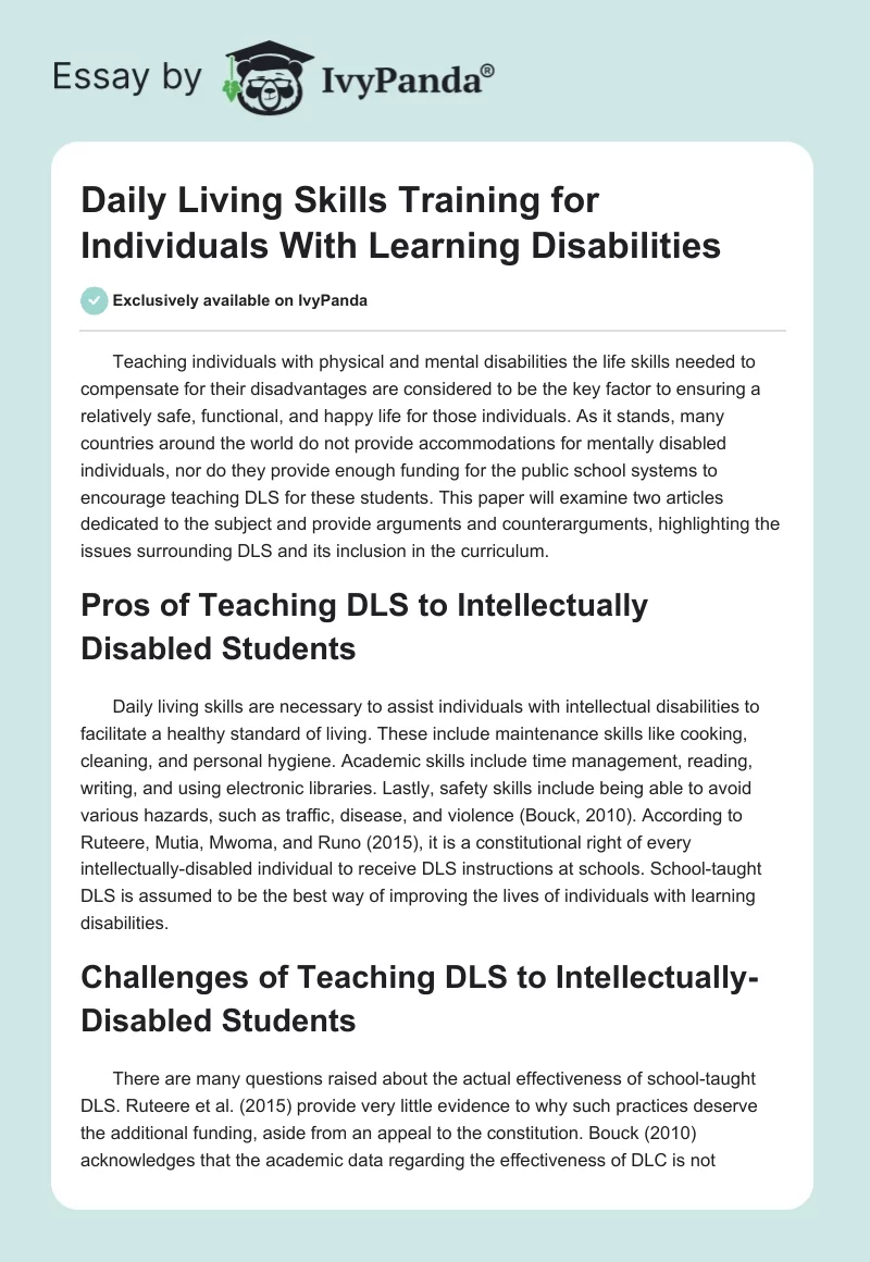 Daily Living Skills Training for Individuals With Learning Disabilities. Page 1