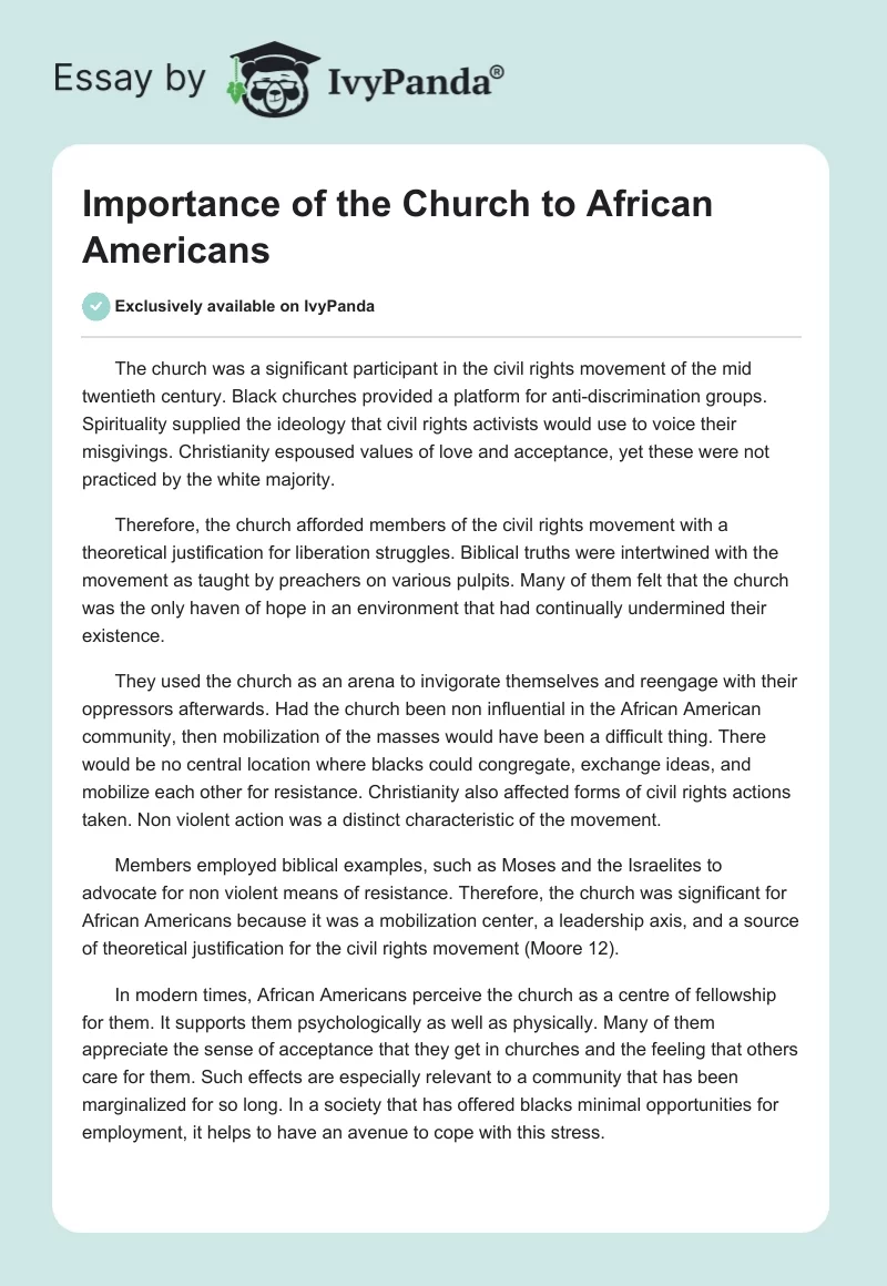 Importance of the Church to African Americans. Page 1