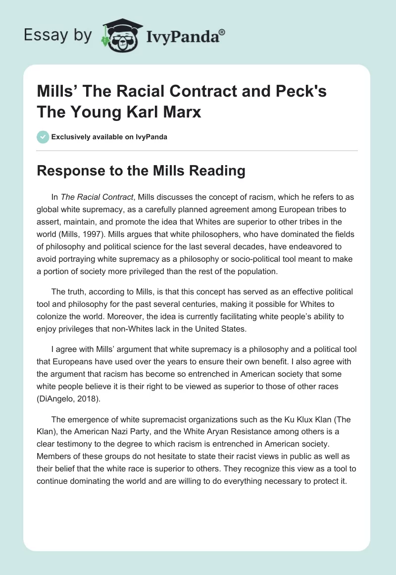 Mills’ "The Racial Contract" and Peck's "The Young Karl Marx". Page 1