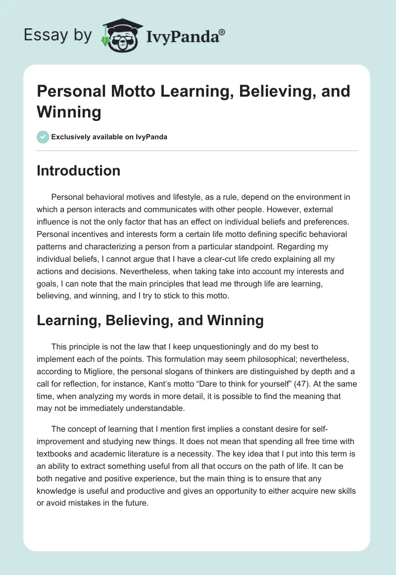Personal Motto "Learning, Believing, and Winning". Page 1